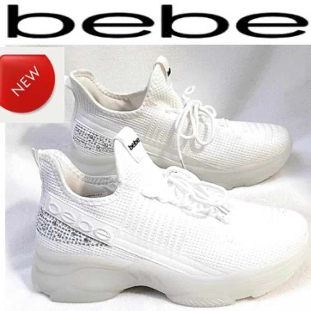 NEW! bebe Sneakers ANALIA 10 Crystals WHITE Rhinestones‎ Embellished Luxe Fancy